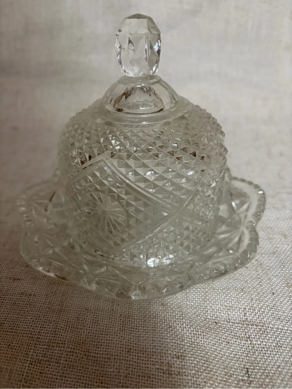 Avon Fostoria Diamond Point Stars Glass Covered Dish Candy Butter 6” 2 Piece